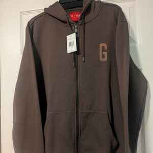 Guess Men’s Embroidered Logo Full-Zip Hoodie – Brown/Beige